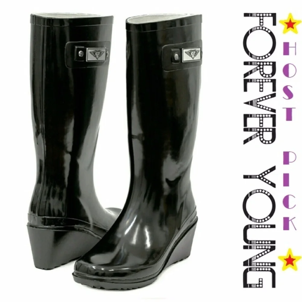Women's Rainboots, Tall Wedge Rain Boots, RB-3100, Black
